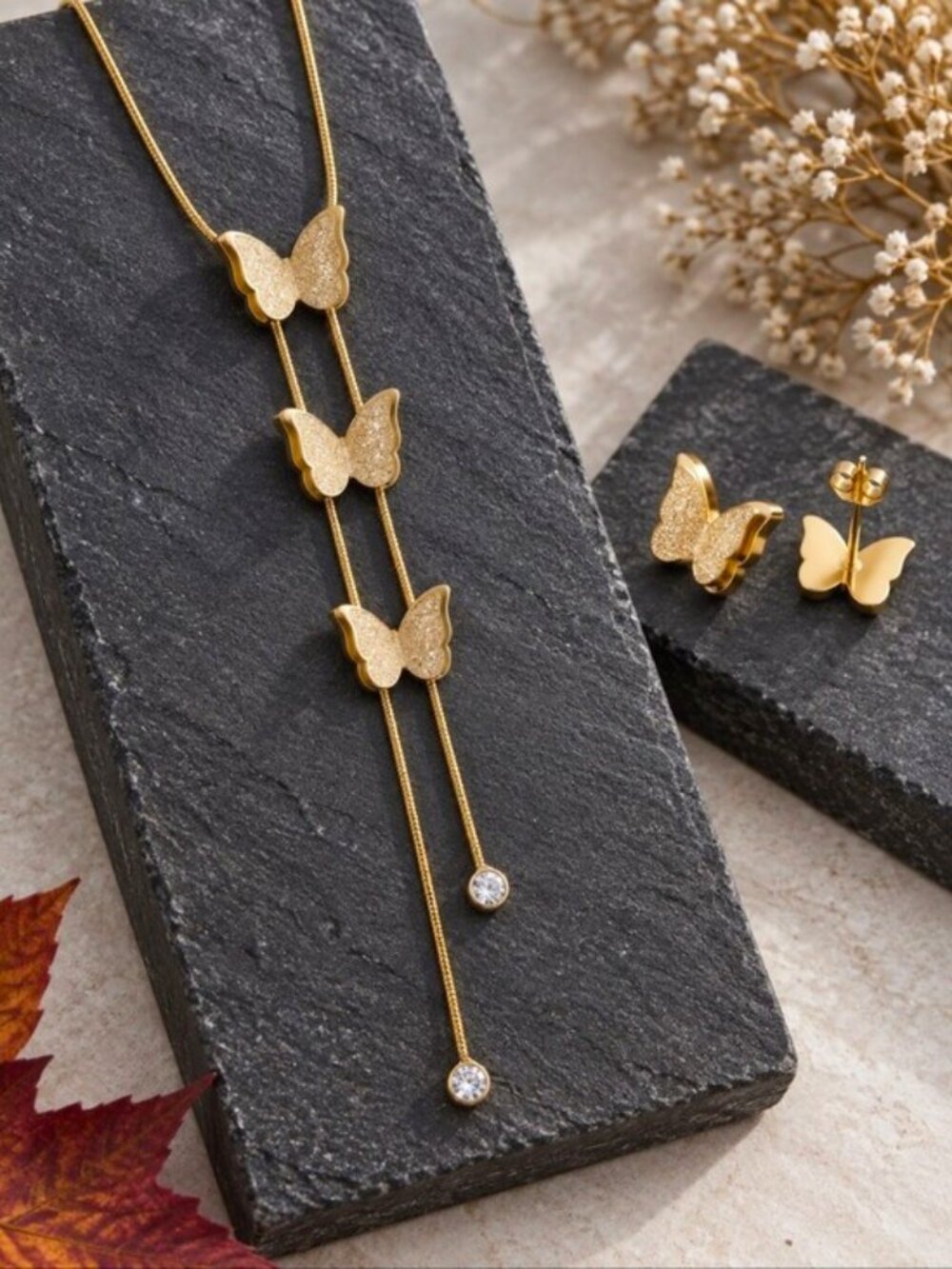 Gold Butterfly Lariat Necklace and Stud Earring Set CZ Dainty Y Drop 17.5"